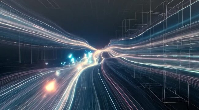 Abstract blue digital tunnel with glowing spiral lines creating a futuristic warp speed or wormhole effect.