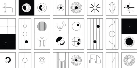 Abstract geometric patterns and symbols in monochrome design collection