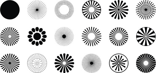 Abstract radial patterns and sunburst designs in monochrome style