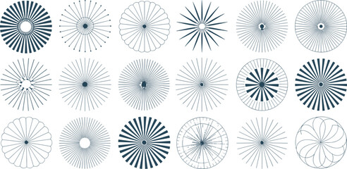 Abstract radial patterns and sunburst designs with geometric variations