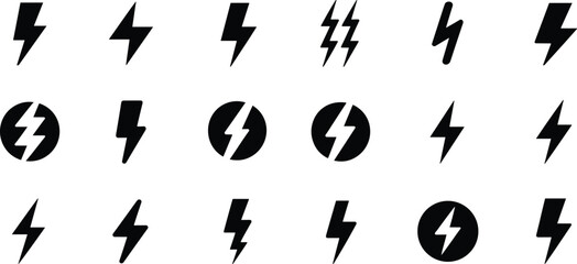 Collection of lightning bolt icons in various styles isolated on transparent background