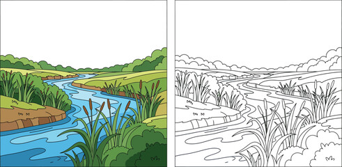 Winding River Landscape with Green Hills and Cattails Nature Scene Illustration © Snehashish Pritom
