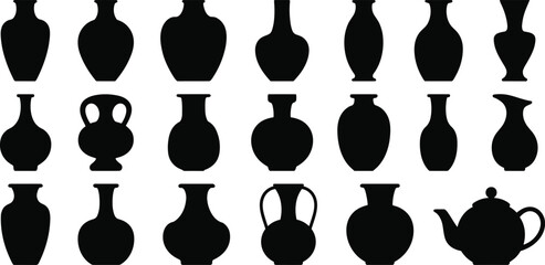 Collection of various vases and teapot silhouettes isolated