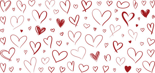 Handdrawn hearts collection in various styles isolated on transparent background