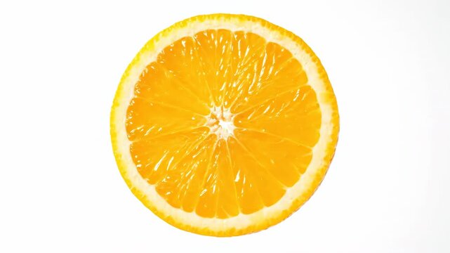 Perfectly lit single orange slice isolated against a high-key pure white background slowly spinning and rotating for easy compositing product, diet, channel