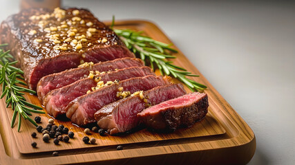 Fototapeta premium Juicy New York strip steak cooked medium-rare Are Used for Advertising Posters - 4