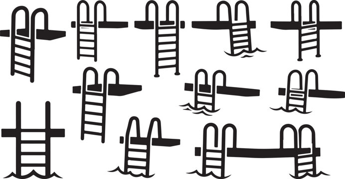 Illustration of various pool ladder and handrail designs