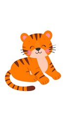 Cartoon tiger sitting, smiling, with orange fur and brown stripes