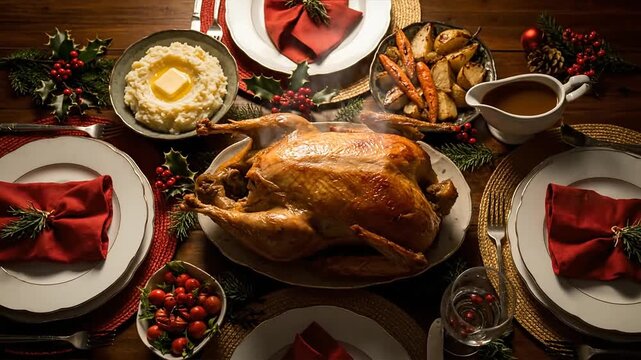Roasted turkey and festive dinner table setting overhead view