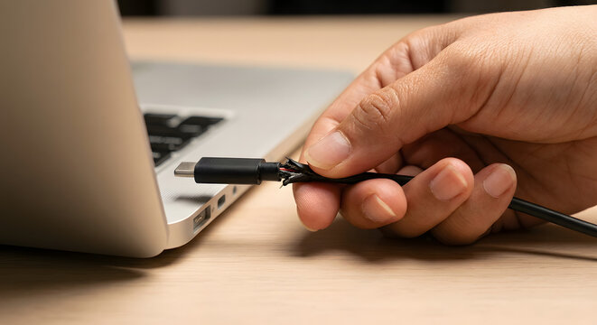 Close up of hand holding a damaged and frayed black usb-c charging cable with exposed wires while plugging it into a silver laptop computer on a wooden desk showing safety risk