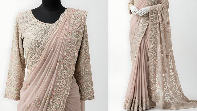 Close-up Detail of Peach Embroidered Net Saree Pallu and Matching Long Sleeve Blouse, Luxury Indian Bridal Fashion Photography showing Intricate Sequin and Thread Work, Ethnic Designer Textile