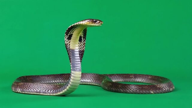 A regal cobra rears upwards with its hood visibly spreading, displaying an alert and formidable presence against a vibrant green background. green screen snake video