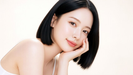 Fototapeta premium 頬に手を添えて微笑む女性のビューティーポートレート、透明感のある美肌とナチュラルメイクのスキンケアイメージ