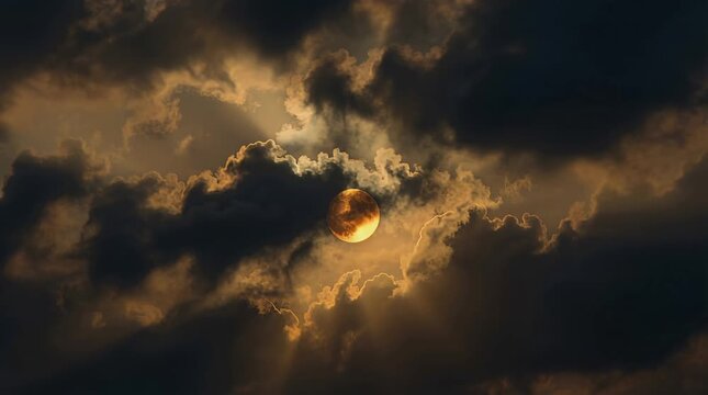 Radiant Sun Glimpsing Through Dark Cumulus Clouds Creating Golden Rays in a Dramatic Sky At Sunset