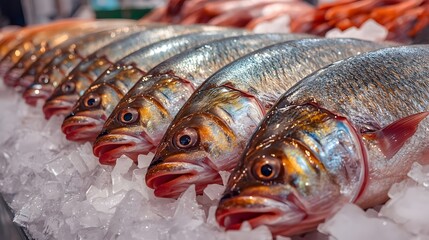 Fresh Red Fish on Ice at Seafood Market