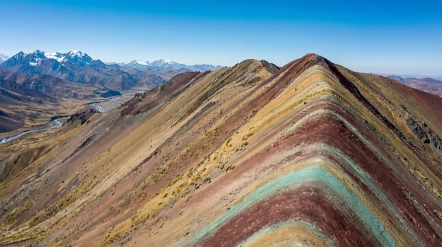 Scenic Aerial View of Vinicunca Rainbow Mountain with Striking Geological Formations on Sunny Day Clear Blue Sky in Cusco Region Peru Andes Mountains
