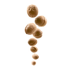 Whole walnuts levitate on a white background