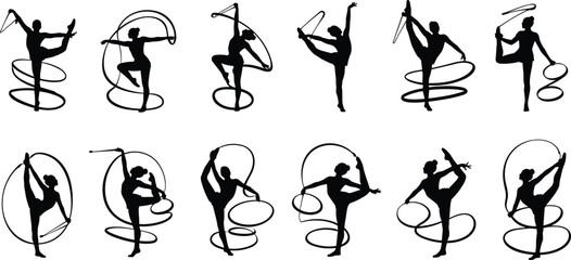 Set of Rhythmic Gymnastics Athlete Silhouettes Performing Professional Routines with Ribbons and Hoops Featuring Graceful Poses for Sports Competition and Artistic Dance Graphic Design © Ajmira