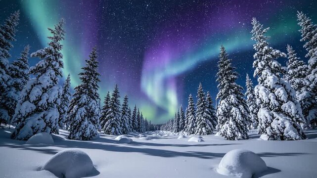 Perfectly symmetrical composition of a pristine snow covered forest bisected by dynamic ribbons of swirling purple and blue aurora borealis colorful, bisected, swirling