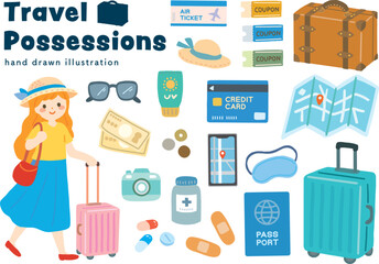 旅行の持ち物手描きイラストセット