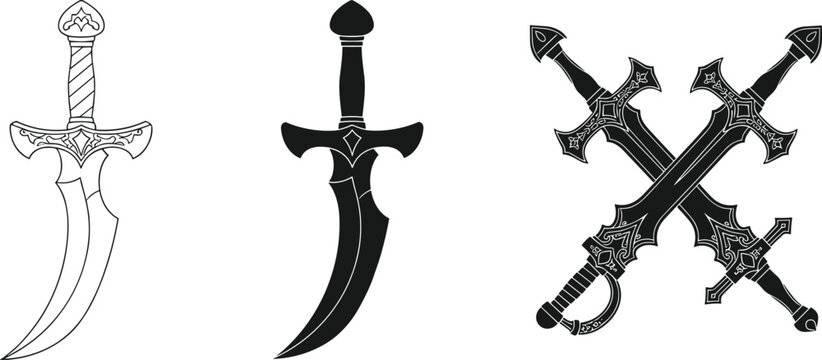 Traditional Curved Dagger and Crossed Swords Set Featuring Intricate Ornate Details in Minimalist Outline and Solid Black Silhouette Styles
