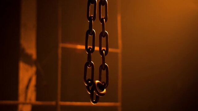 Heavy metal chains hanging from above, casting shadows on a grid-patterned wall in a dimly lit industrial environment