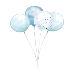 Watercolor of blue balloons clipart. ​Bring a breezy and calm vibe to your designs. hand-painted watercolor textures for any festive occasion. © khunchomvectors