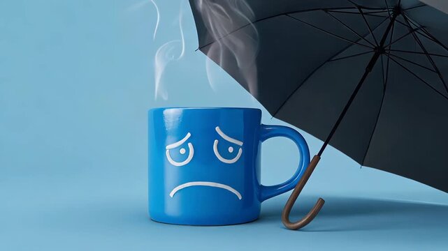 Sad coffee cup with umbrella emotional concept video
