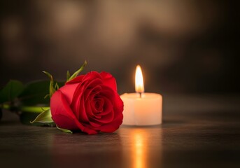 Fototapeta premium Single Red Rose and Lit Candle on Dark Surface, Romantic Ambiance