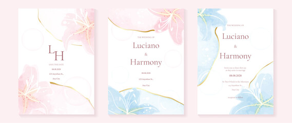 Naklejka premium Minimal watercolor wedding invitation vector set with champagne beige and blush pink watercolor background, gold dust accents, botanical leaves and monogram frames.