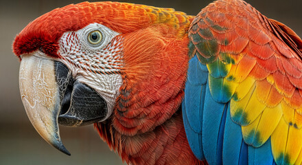 Fototapeta premium Vibrant macaw parrot close up with bright orange blue and yellow feathers in natural light