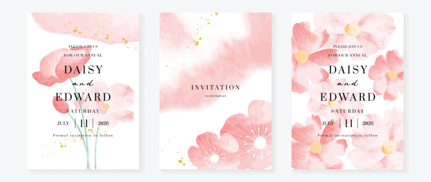 Watercolor floral wedding invitation vector set with blush pink, coral and red watercolor background, daisy flowers, botanical leaves and soft paint textures. Romantic design for save the date cards.