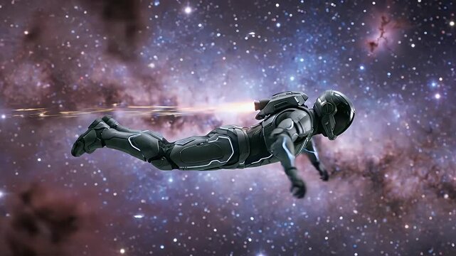 Astronaut flying through outer space with nebula and stars background