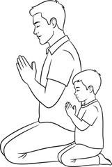 Father and young son kneel together in prayer with hands pressed forward in a simple black and white line drawing.