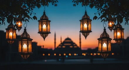Fototapeta premium Ramadan nights lanterns illuminate mosque at sunset symbolizing fasting and faith