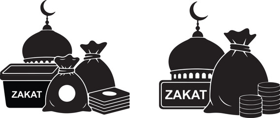 Black and white silhouette icons show Zakat charity collection, including money bags, coins, and a mosque with a crescent.
