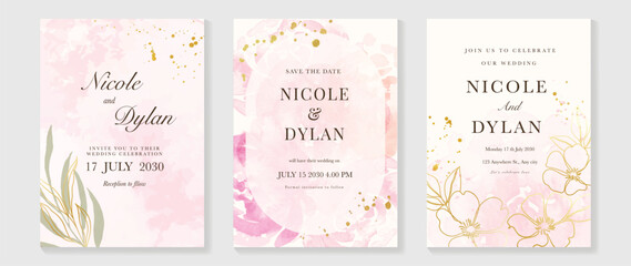 Naklejka premium Watercolor floral wedding invitation vector set with blush pink and gold watercolor background, soft flowers, botanical leaves and confetti accents. Romantic design for save the date cards.