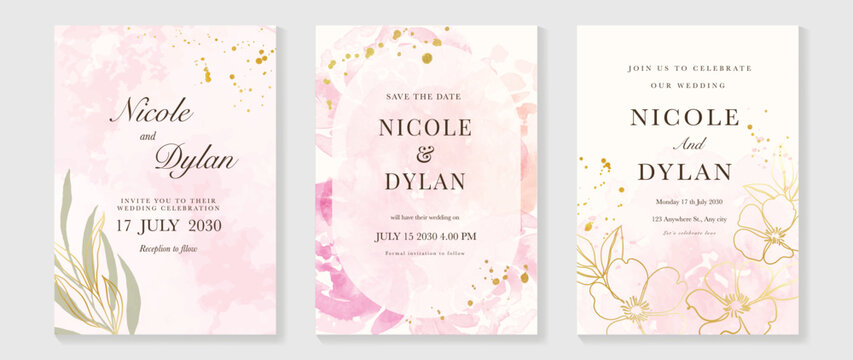 Watercolor floral wedding invitation vector set with blush pink and gold watercolor background, soft flowers, botanical leaves and confetti accents. Romantic design for save the date cards.
