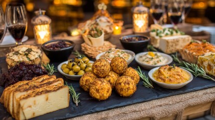 Fototapeta premium Elegant Gourmet Cheese and Charcuterie Board with Fresh Herbs, Fruits and Spreads Arranged for an Upscale Dining Experience