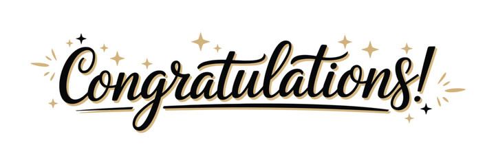 Congratulations bulk lettering greeting sign with handwritten modern brush typography, golden stars, isolated vector design. © Ayat 04