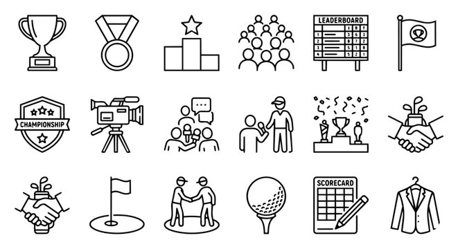 Golf tournament championship icon set with trophy, leaderboard, and awards.