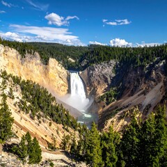 Scenic vista of a cascading waterfall in a deep canyon