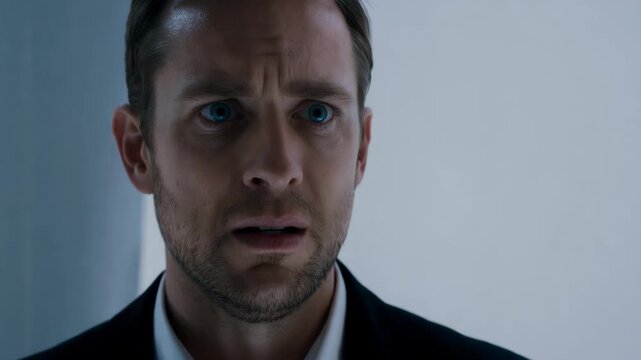 Closeup of a man showing anxiety and fear in a studio setting with white background reacting to a surprising gossip news moment