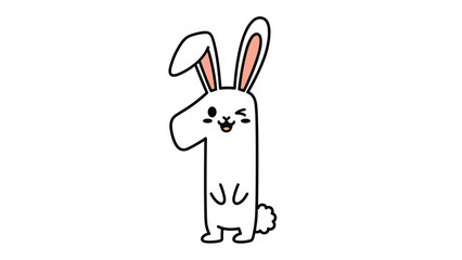Number one represented as a happy white bunny with long ears and a winking eye on a plain white background for nursery decor.