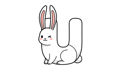 Obraz premium Playful white bunny shaped like the letter u with a winking eye and long upright ears on a white background for educational purposes.