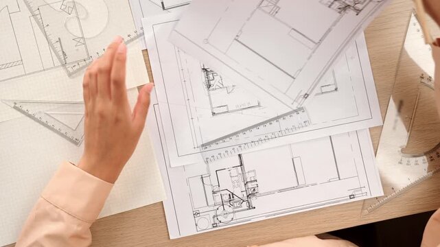 Video of clever architect or engineer using measurement tool and pencil compare a hand draft detail blueprint for construction accuracy at architectural office. Focus on hand. Closeup. Delineation.