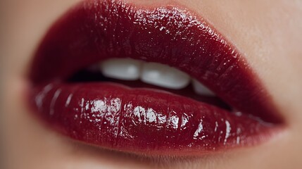 Fototapeta premium Close-Up of Glossy Burgundy Lips Highlighting Beauty and Elegance