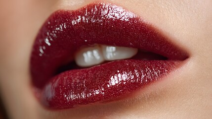 Close-Up of Glossy Lips with Deep Red Lipstick Finish