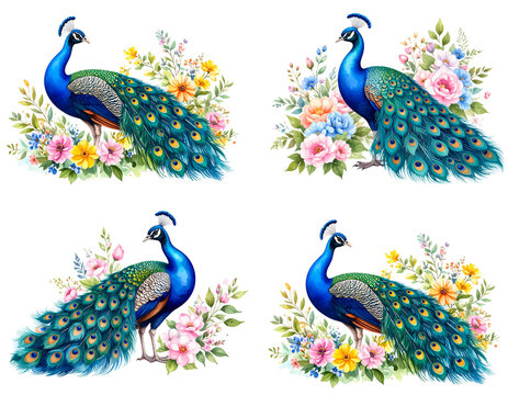 Beautiful vector watercolor illustration of a peacock among flowers.