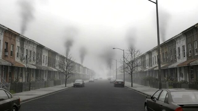 Eerie foggy street with row houses and smoke rising.